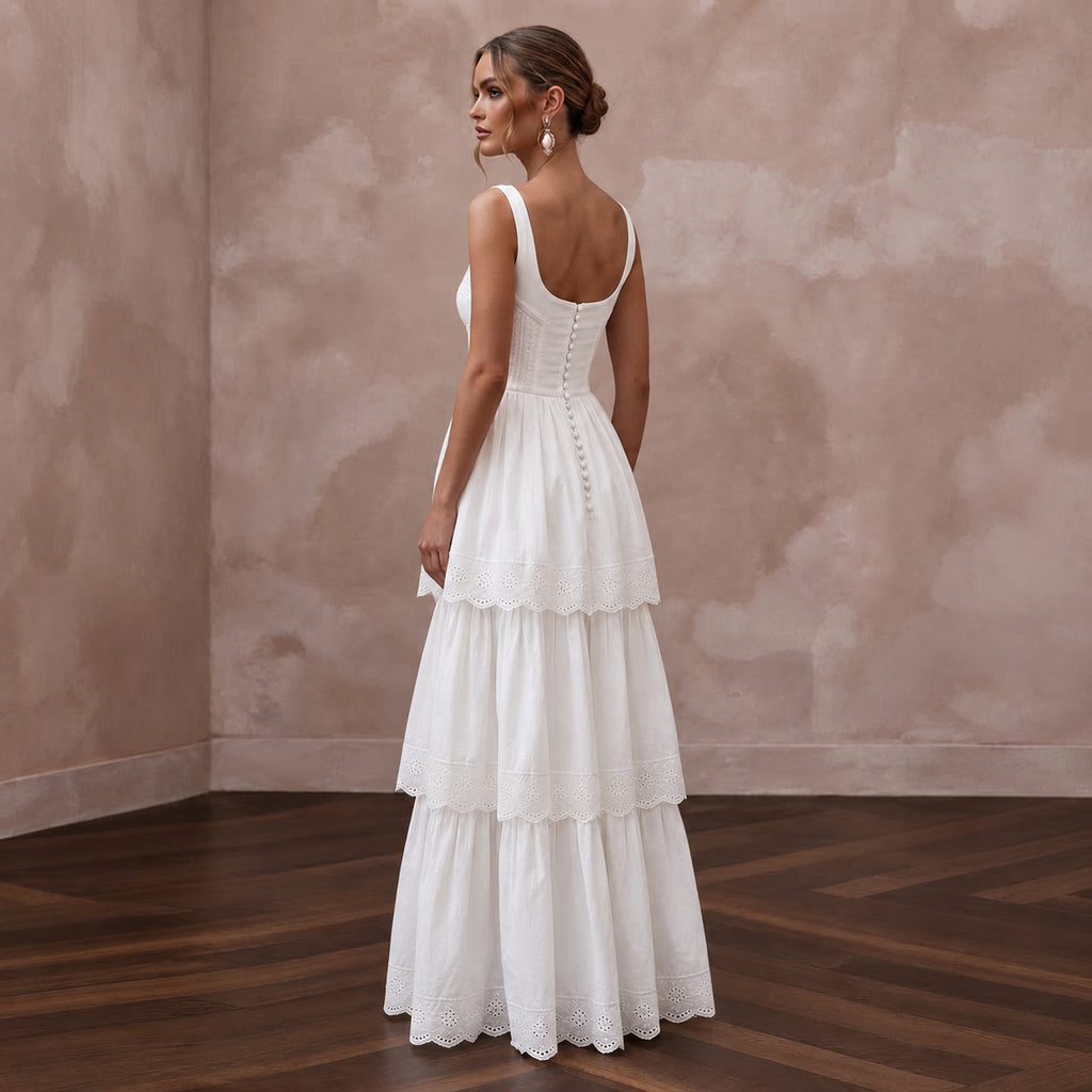 Sustainable White Organic Cotton Tiered Dress for Backyard Vow Renewal