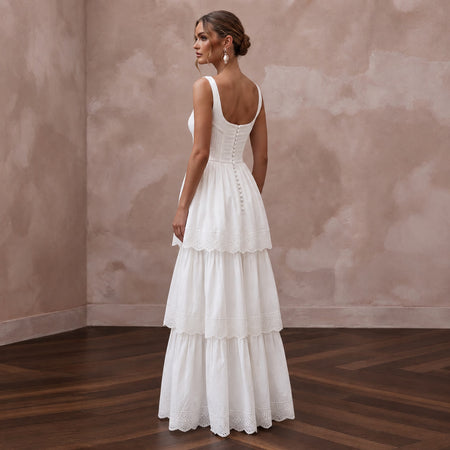 Sustainable White Organic Cotton Tiered Dress for Backyard Vow Renewal