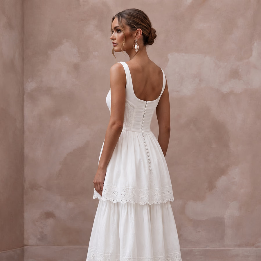 Sustainable White Organic Cotton Tiered Dress for Backyard Vow Renewal