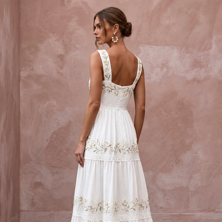 Sustainable White Organic Cotton Tiered Dress for Backyard Vow Renewal