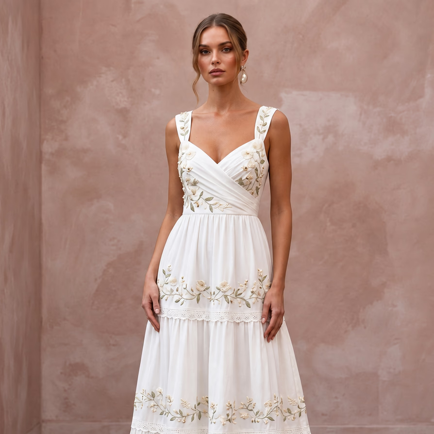 Sustainable White Organic Cotton Tiered Dress for Backyard Vow Renewal