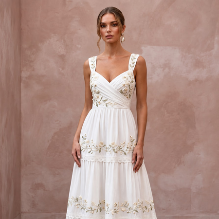Sustainable White Organic Cotton Tiered Dress for Backyard Vow Renewal