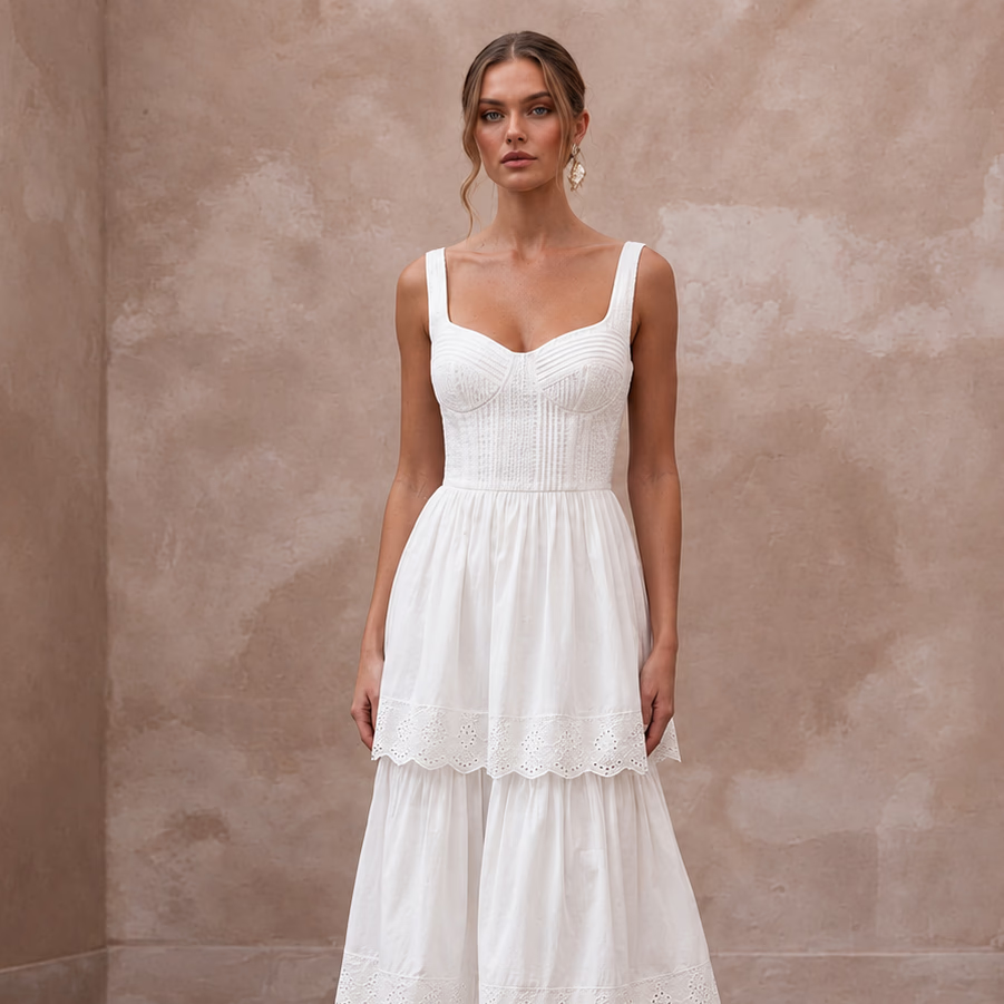 Sustainable White Organic Cotton Tiered Dress for Backyard Vow Renewal