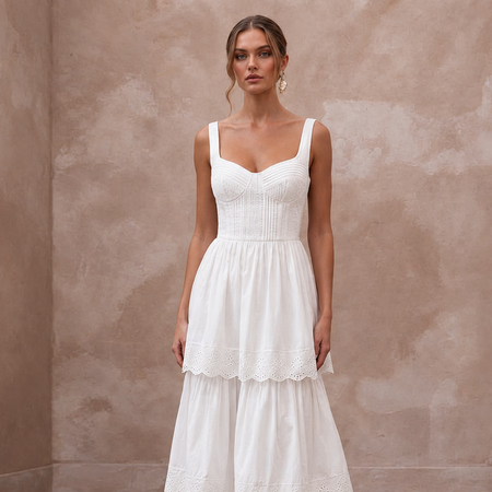 Sustainable White Organic Cotton Tiered Dress for Backyard Vow Renewal