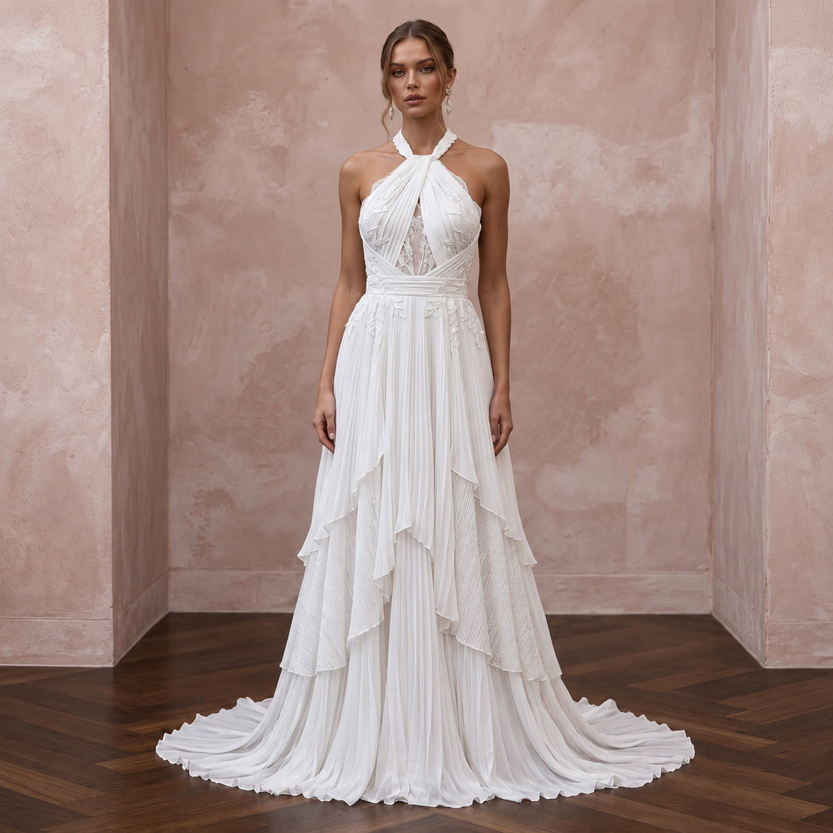 Sustainable White Recycled Polyester Pleated Halter Bridal Dress - Apparel & Accessories > Clothing > Wedding & Bridal Party Dresses > Wedding Dresses - Mignonette Bridal Main image