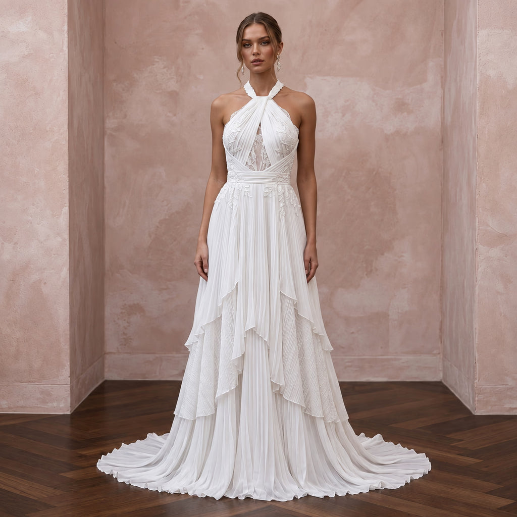 Sustainable White Recycled Polyester Pleated Halter Bridal Dress - Apparel & Accessories > Clothing > Wedding & Bridal Party Dresses > Wedding Dresses - Mignonette Bridal