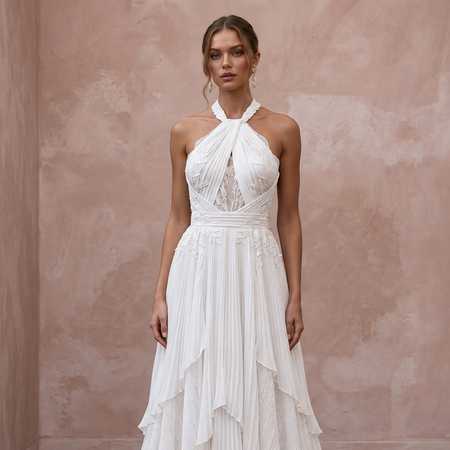 Sustainable White Recycled Polyester Pleated Halter Bridal Dress - Apparel & Accessories > Clothing > Wedding & Bridal Party Dresses > Wedding Dresses - Mignonette Bridal