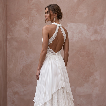Sustainable White Recycled Polyester Pleated Halter Bridal Dress - Apparel & Accessories > Clothing > Wedding & Bridal Party Dresses > Wedding Dresses - Mignonette Bridal