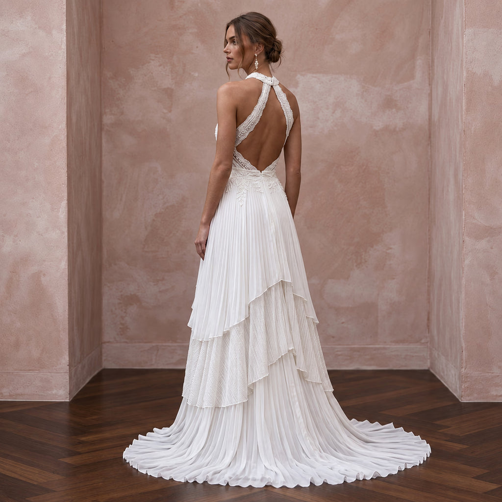Sustainable White Recycled Polyester Pleated Halter Bridal Dress - Apparel & Accessories > Clothing > Wedding & Bridal Party Dresses > Wedding Dresses - Mignonette Bridal