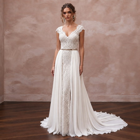 Elegant boho bridal gown with lace cap sleeves, intricate bodice, and sweep train, perfect for a destination wedding.