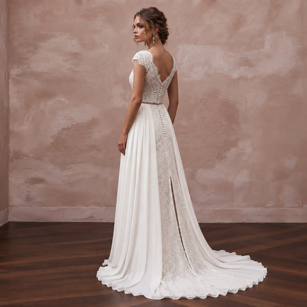 Elegant sweep train boho bridal gown featuring lace detailing and an open back, perfect for a destination wedding.