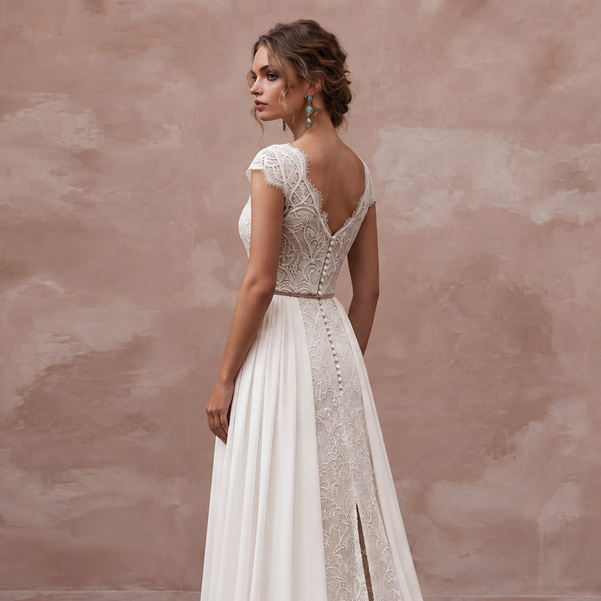 Elegant sweep train boho bridal gown with lace bodice and side slit, perfect for a destination wedding.