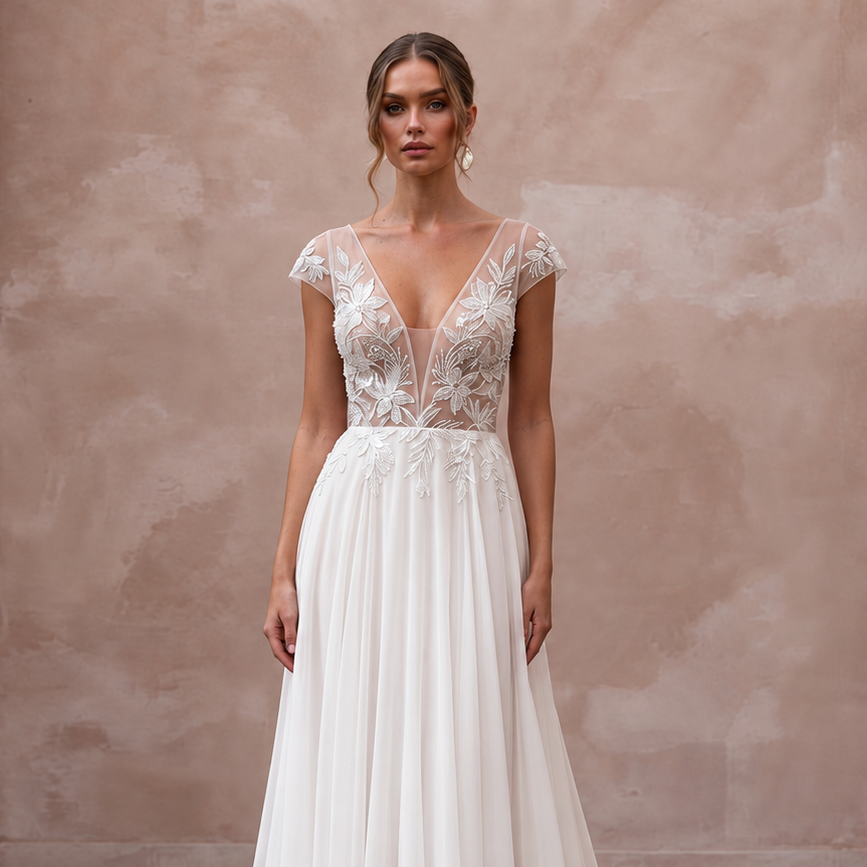 Elegant chiffon bridal dress with embroidered floral bodice and sweep train, perfect for a tropical wedding.