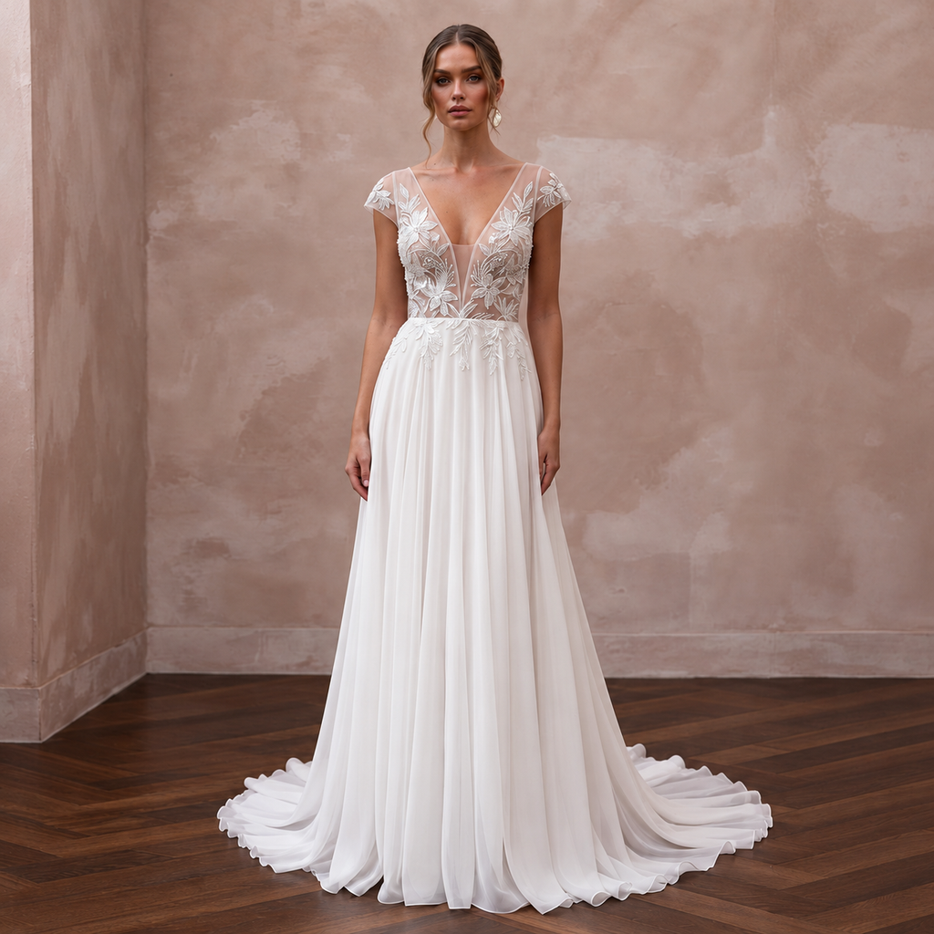 Elegant chiffon bridal dress with floral detailing and a sweep train, perfect for a tropical wedding.
