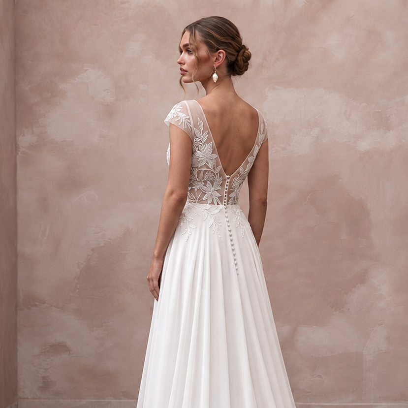 Elegant chiffon bridal dress with embroidered bodice, deep V-back, and sweep train, perfect for a tropical wedding.