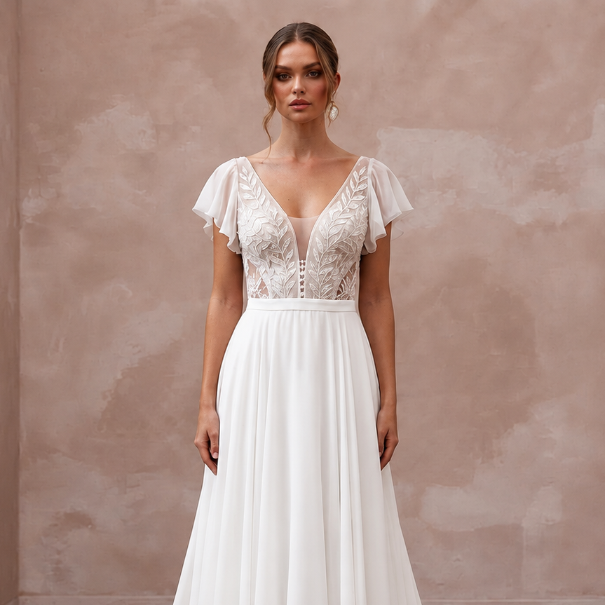 Elegant chiffon wedding dress with flutter sleeves and intricate lace bodice, perfect for a beach ceremony.