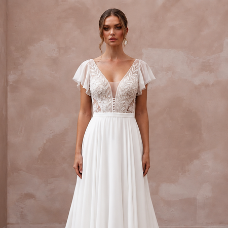 Elegant chiffon wedding dress with flutter sleeves and intricate lace bodice, perfect for a beach ceremony.