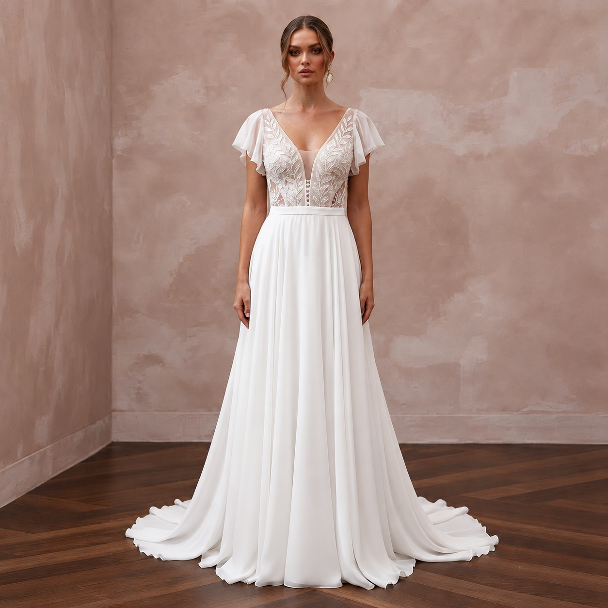 Elegant chiffon wedding dress with short flutter sleeves and a sweep train, ideal for a beach ceremony.