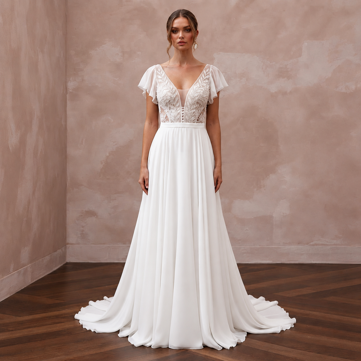 Sweep Train Chiffon Wedding Dress for a Beach Ceremony - Apparel & Accessories > Clothing > Wedding & Bridal Party Dresses > Wedding Dresses - Mignonette Bridal Main image