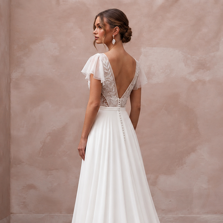 Elegant chiffon wedding dress with flutter sleeves and open back, ideal for a beach ceremony. Sweep train design.