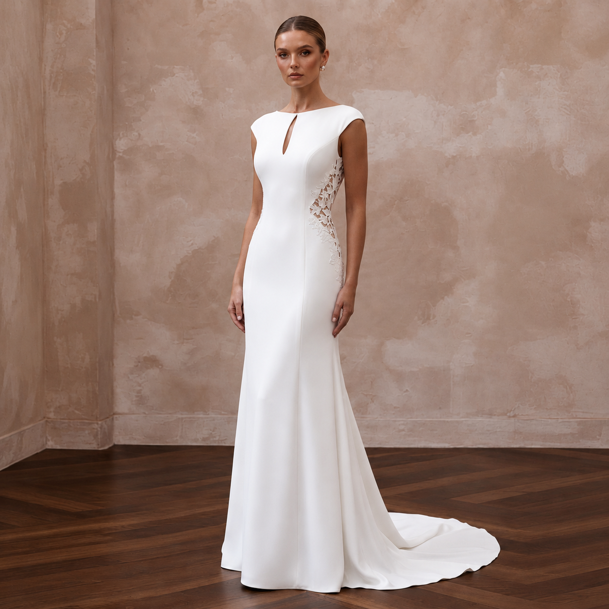 Elegant white crepe bridal gown with keyhole neckline and lace side detail, perfect for a minimalist wedding.