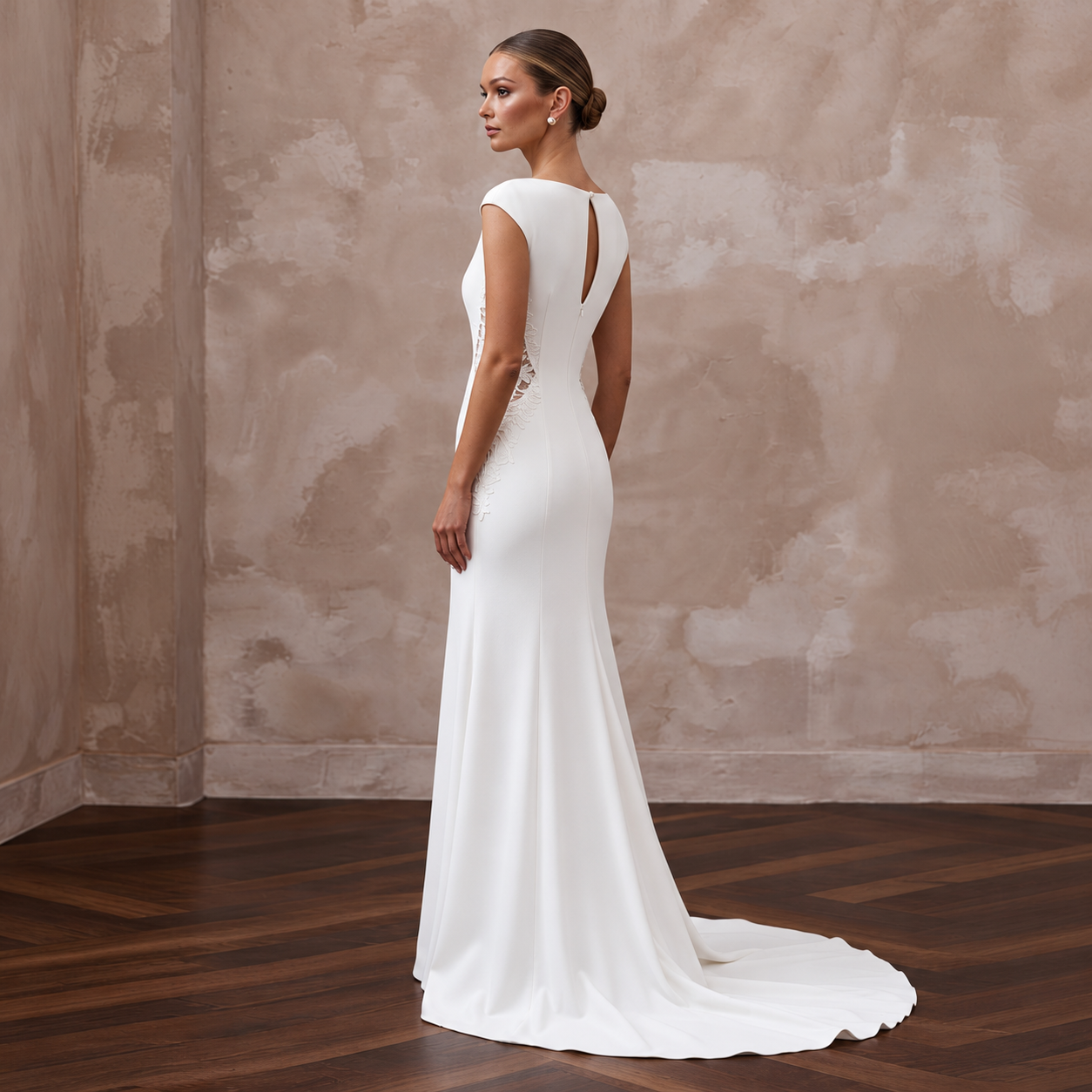 Elegant white crepe bridal gown with cap sleeves and keyhole back, featuring a sweep train, perfect for minimalist weddings.