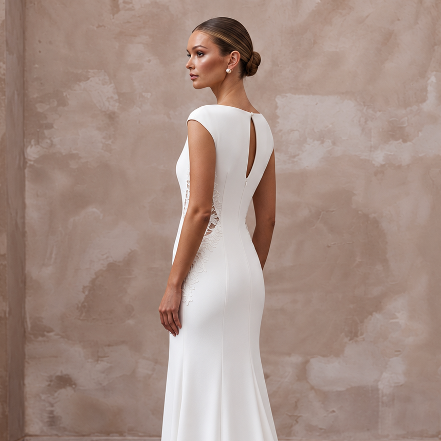 Elegant white crepe bridal gown with a keyhole back and lace detailing, perfect for a minimalist wedding.