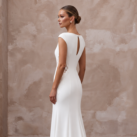 Elegant white crepe bridal gown with a keyhole back and lace detailing, perfect for a minimalist wedding.
