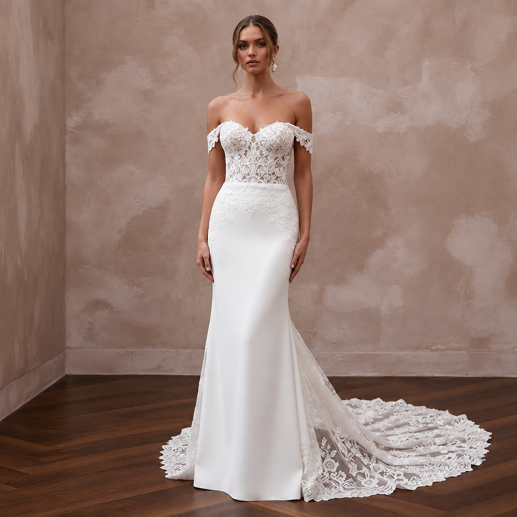 Sweetheart lace wedding gown with off-shoulder sleeves and detachable train, perfect for elegant bridal looks.