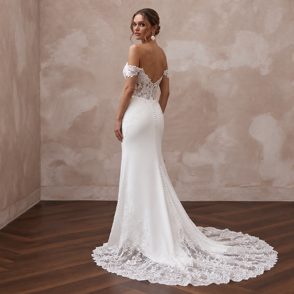 Elegant off-the-shoulder sweetheart lace wedding gown with a fitted silhouette and detachable train.