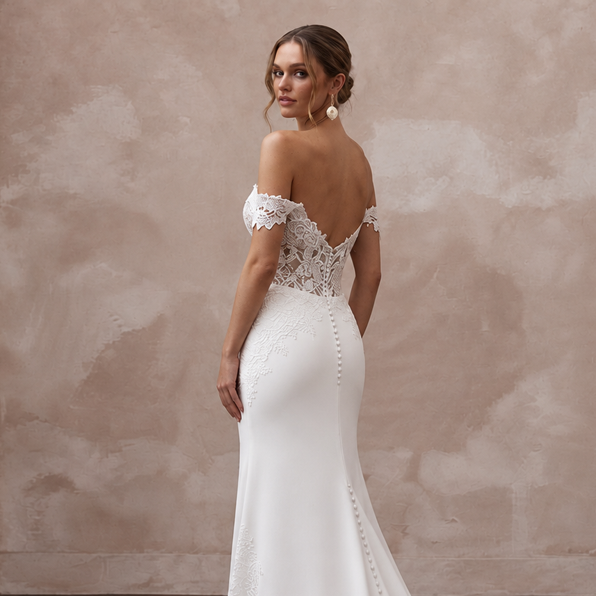 Elegant off-the-shoulder lace wedding gown with a sweetheart neckline and detachable train.