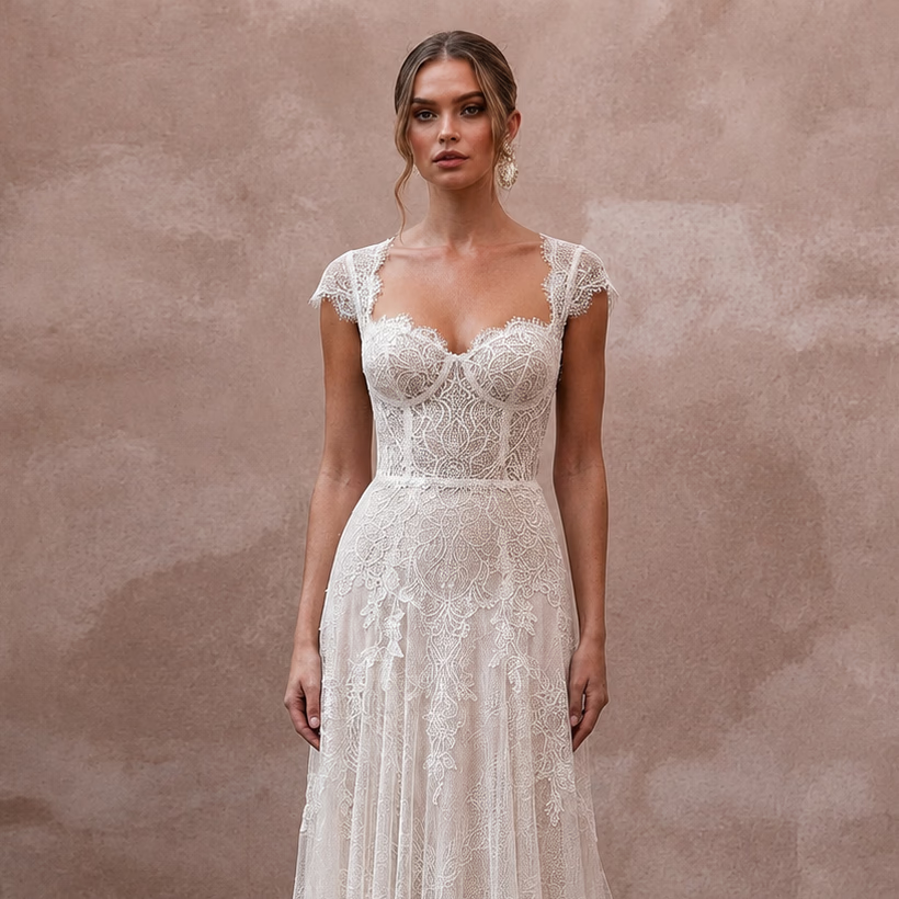 Sweetheart Neck Wedding Dresses with Delicate Lace Trim - Apparel & Accessories > Clothing > Wedding & Bridal Party Dresses > Wedding Dresses - Mignonette Bridal