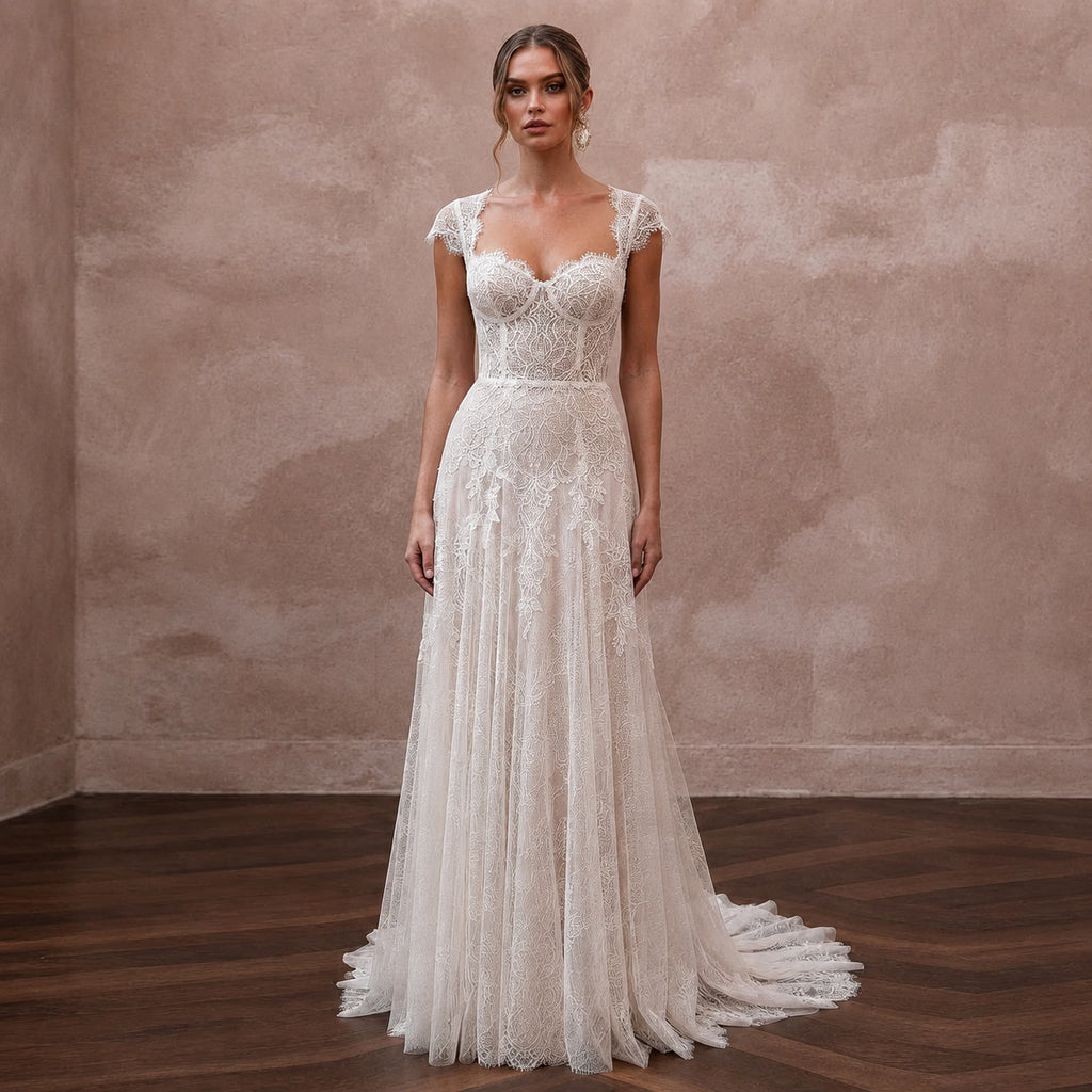 Sweetheart Neck Wedding Dresses with Delicate Lace Trim - Apparel & Accessories > Clothing > Wedding & Bridal Party Dresses > Wedding Dresses - Mignonette Bridal