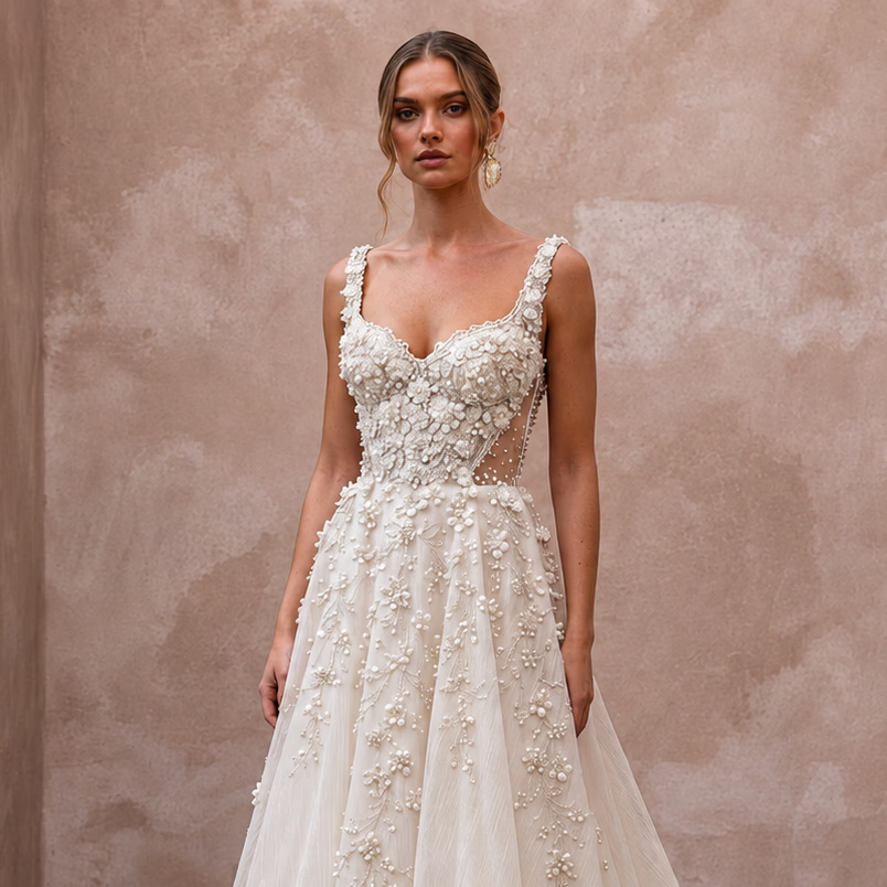 Sweetheart Neck Wedding Dresses with Pearl Accents - Apparel & Accessories > Clothing > Wedding & Bridal Party Dresses > Wedding Dresses - Mignonette