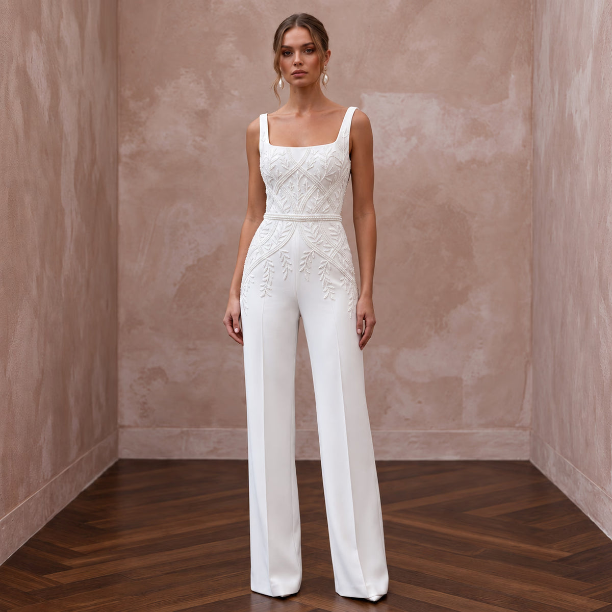 Tailored White Crepe Bridal Jumpsuit for Rehearsal Dinner - Apparel & Accessories > Clothing > Wedding & Bridal Party Dresses > Wedding Dresses - Mignonette Bridal