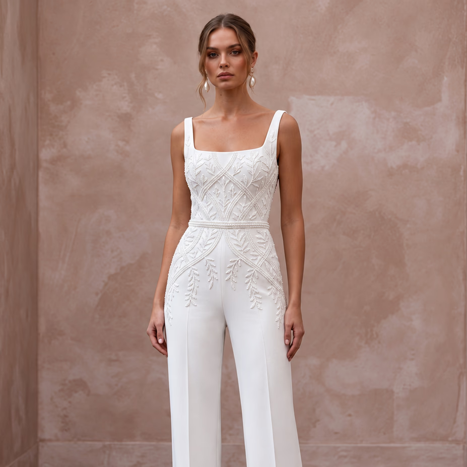Tailored White Crepe Bridal Jumpsuit for Rehearsal Dinner - Apparel & Accessories > Clothing > Wedding & Bridal Party Dresses > Wedding Dresses - Mignonette Bridal