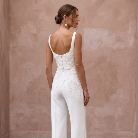 Tailored White Crepe Bridal Jumpsuit for Rehearsal Dinner - Apparel & Accessories > Clothing > Wedding & Bridal Party Dresses > Wedding Dresses - Mignonette Bridal