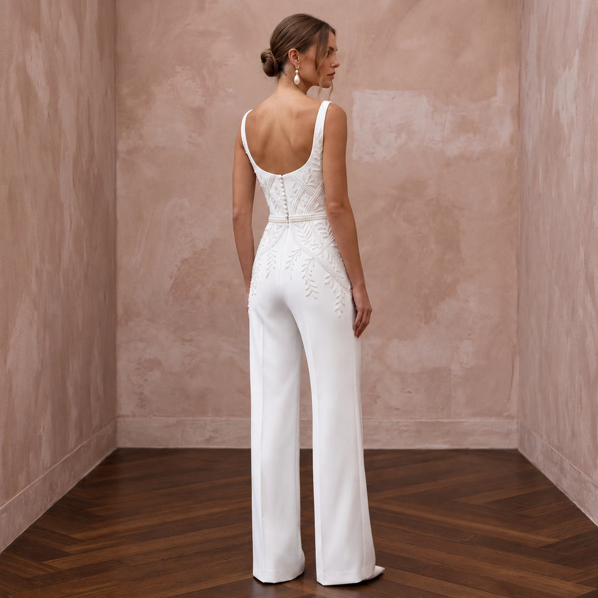 Tailored White Crepe Bridal Jumpsuit for Rehearsal Dinner - Apparel & Accessories > Clothing > Wedding & Bridal Party Dresses > Wedding Dresses - Mignonette Bridal