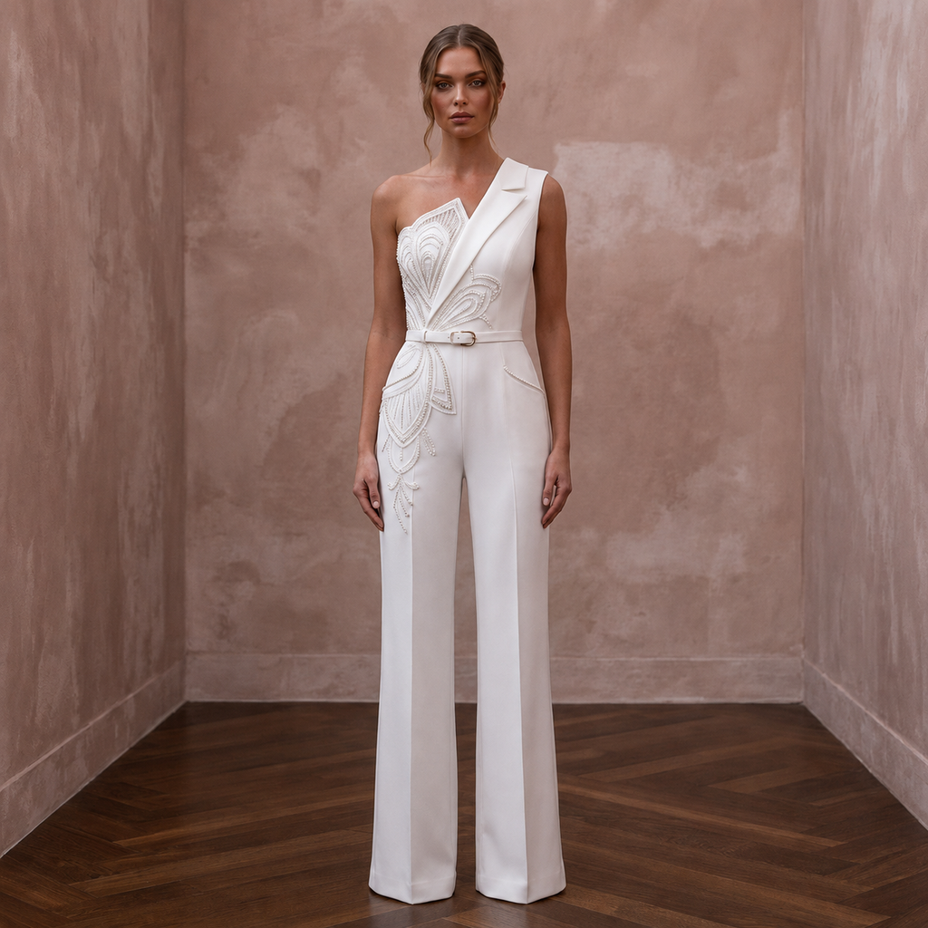 Tailored White Crepe Jumpsuit for Rehearsal Dinner