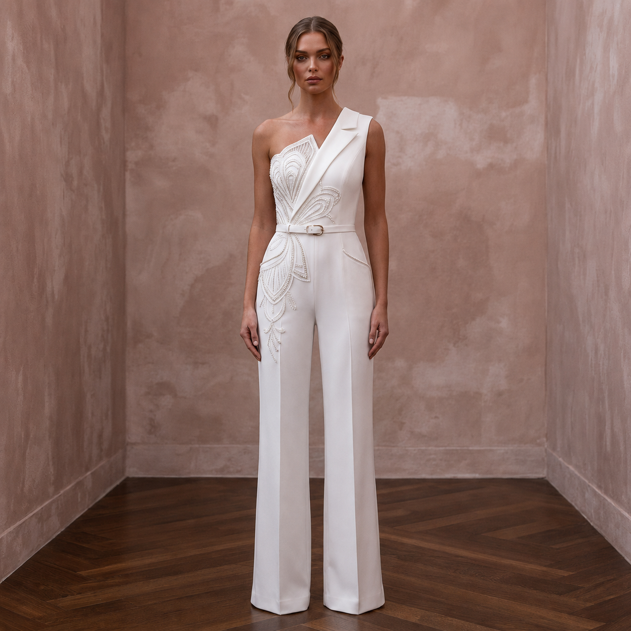 Tailored White Crepe Jumpsuit for Rehearsal Dinner