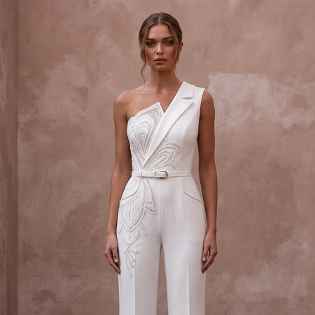 Tailored White Crepe Jumpsuit for Rehearsal Dinner
