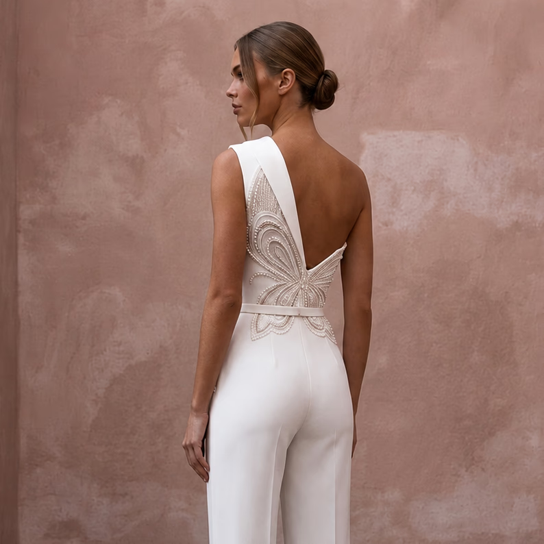 Tailored White Crepe Jumpsuit for Rehearsal Dinner - Apparel & Accessories > Clothing > Wedding & Bridal Party Dresses > Wedding Dresses - Mignonette Bridal