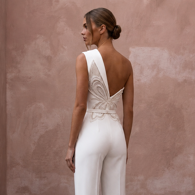 Tailored White Crepe Jumpsuit for Rehearsal Dinner