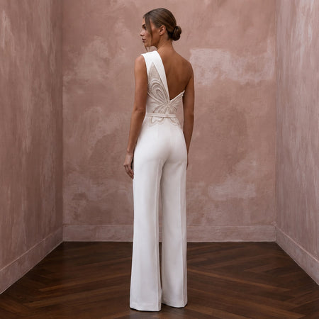 Tailored White Crepe Jumpsuit for Rehearsal Dinner - Apparel & Accessories > Clothing > Wedding & Bridal Party Dresses > Wedding Dresses - Mignonette Bridal
