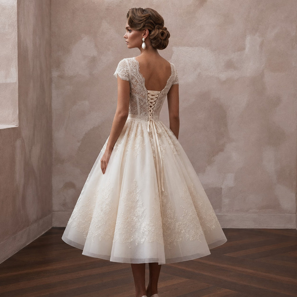 Tea - Length Wedding Dresses with Retro Bridal Style - Apparel & Accessories > Clothing > Wedding & Bridal Party Dresses > Wedding Dresses - Mignonette