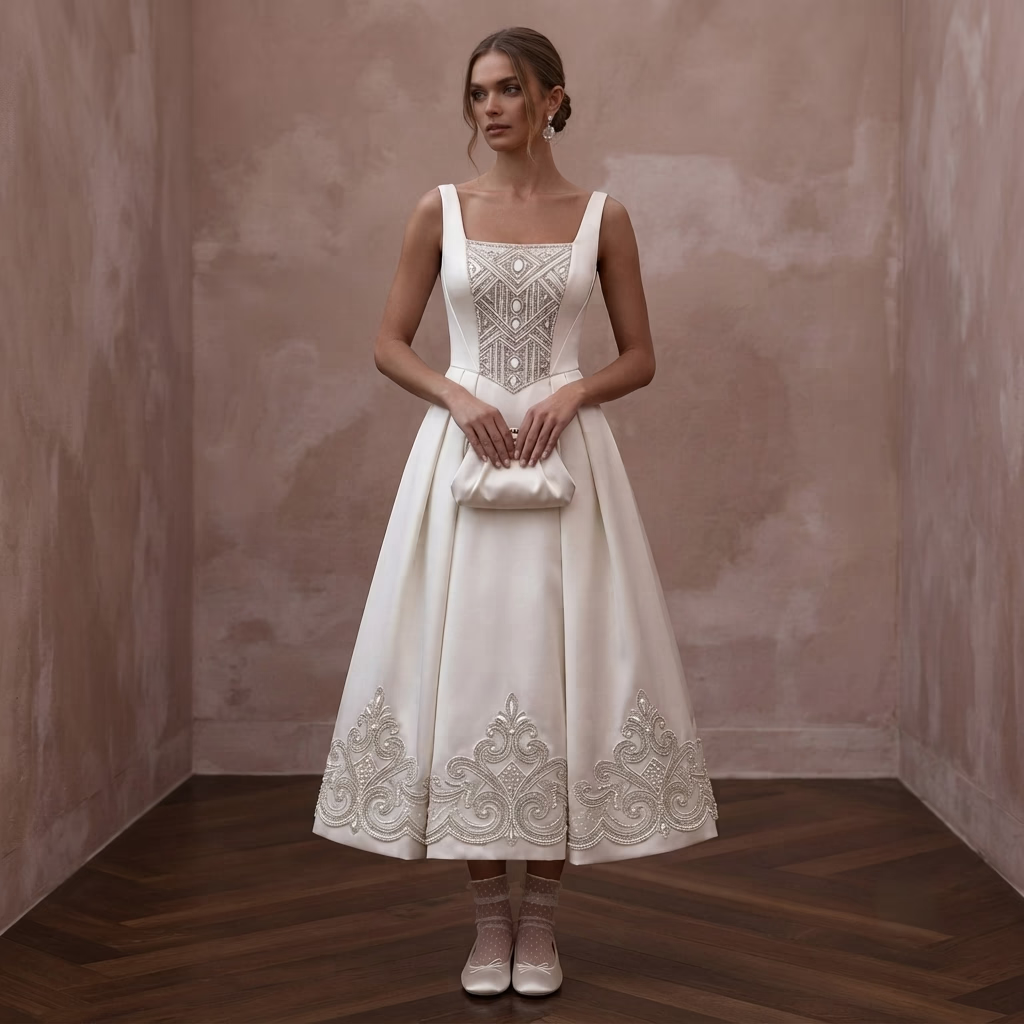 Tea - Length Wedding Dresses with Vintage Satin Charm - Apparel & Accessories > Clothing > Wedding & Bridal Party Dresses > Wedding Dresses - Mignonette Bridal Main image