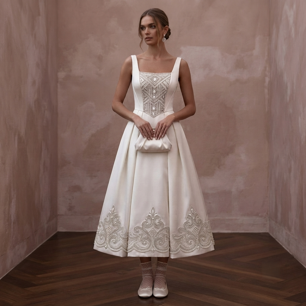 Tea-Length Wedding Dresses with Vintage Satin Charm