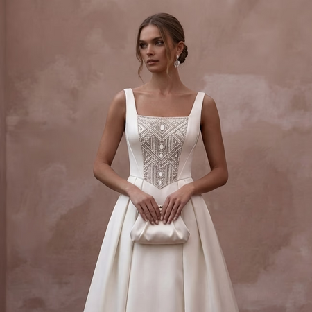 Tea - Length Wedding Dresses with Vintage Satin Charm - Apparel & Accessories > Clothing > Wedding & Bridal Party Dresses > Wedding Dresses - Mignonette Bridal