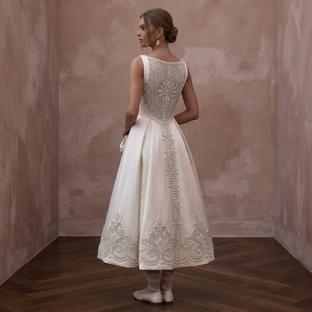 Tea - Length Wedding Dresses with Vintage Satin Charm - Apparel & Accessories > Clothing > Wedding & Bridal Party Dresses > Wedding Dresses - Mignonette Bridal