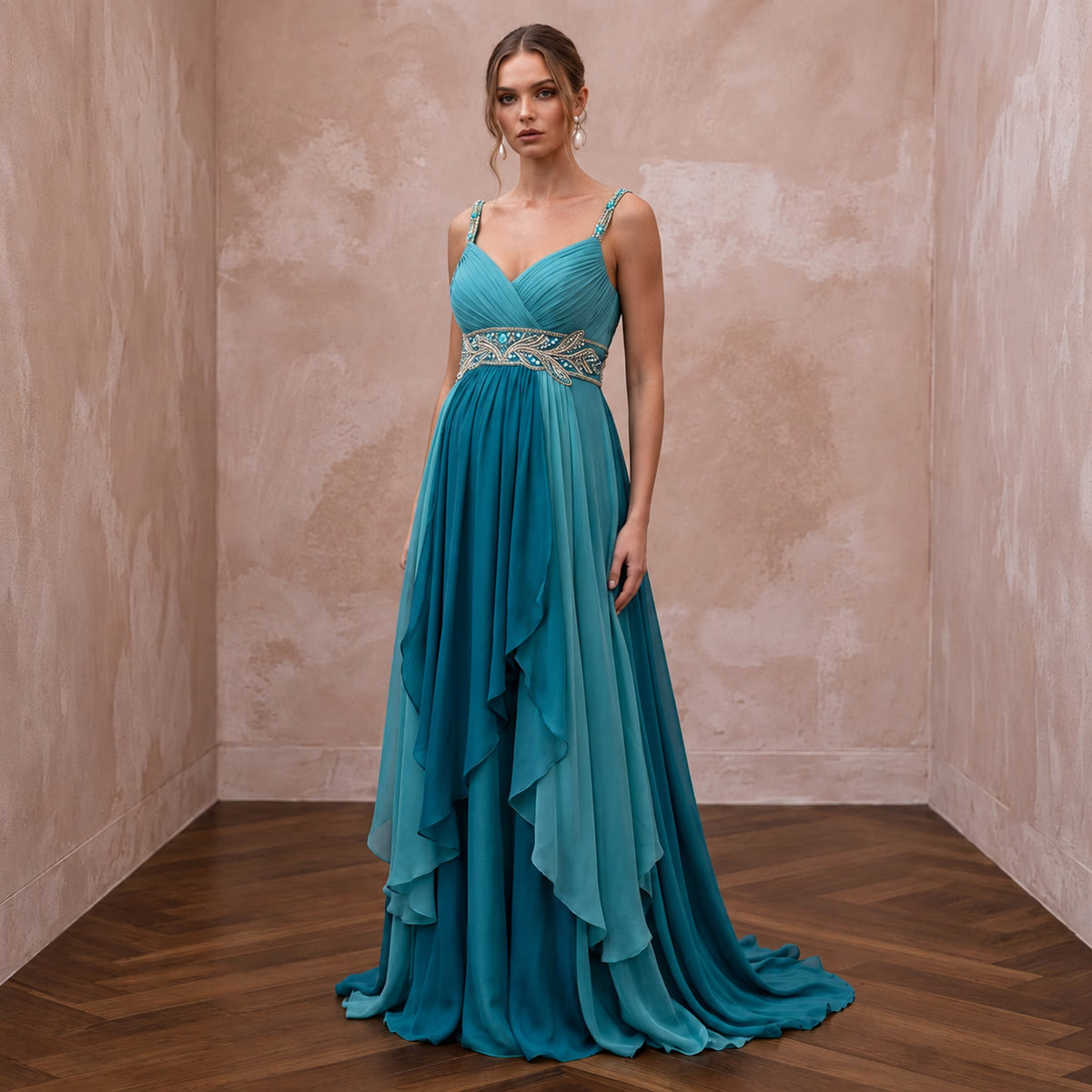 Teal Chiffon Empire Waist Flowing Maternity Formal Dress
